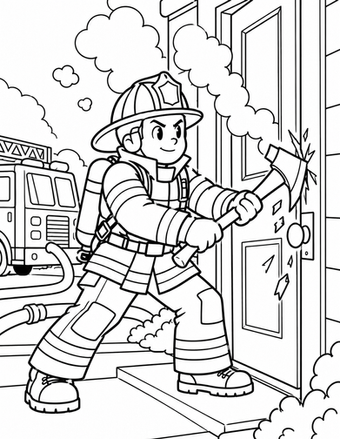 Ausmalbild zum Ausdrucken: Feuerwehrmann öffnet eine Tür im Einsatz, schwarz-weiße PNG-Vorlage