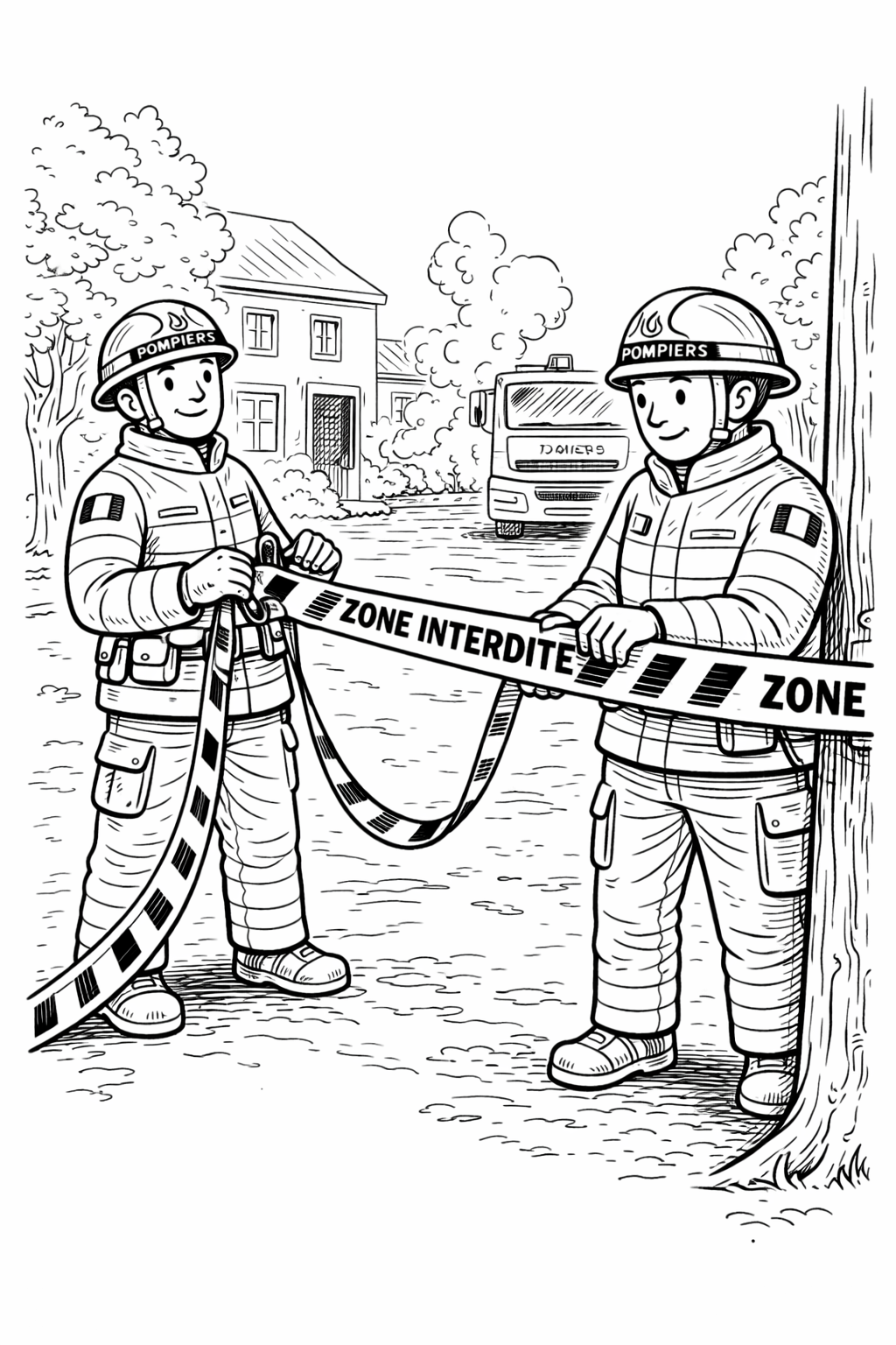 Coloriage de deux pompiers tenant un ruban ZONE INTERDITE devant un camion de secours à imprimer gratuitement