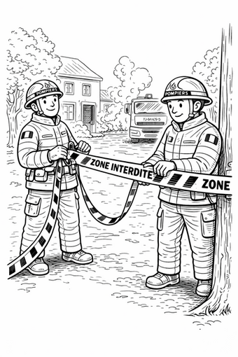 Two firefighters stretch a restricted-area safety tape in front of an emergency vehicle.