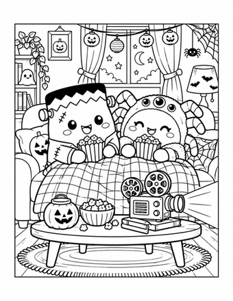 It's Halloween movie night for two cozy squishy friends! One wears a friendly monster costume and the other a fluffy spider outfit. Color the popcorn, checked blanket, pillows and little movie projector. This detailed original coloring sheet is free to download and print on US Letter or A4 paper.