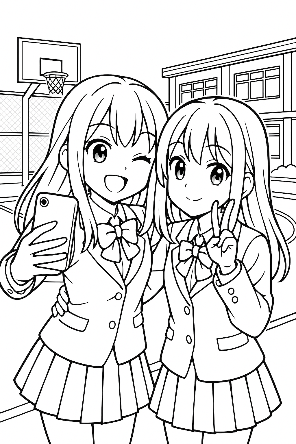 Coloriage de deux lycéennes manga prenant un selfie dans une cour avec un panier de basket et un bâtiment scolaire à imprimer gratuitement