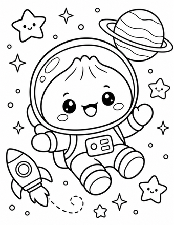 A tiny dumpling astronaut floats by a rocket, twinkling stars, and a ringed planet.