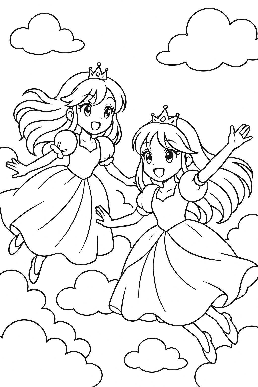 Coloriage de deux princesses manga se tenant la main et volant parmi les nuages à imprimer gratuitement