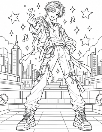 A stylish male K-pop idol makes a finger heart against a city skyline.
