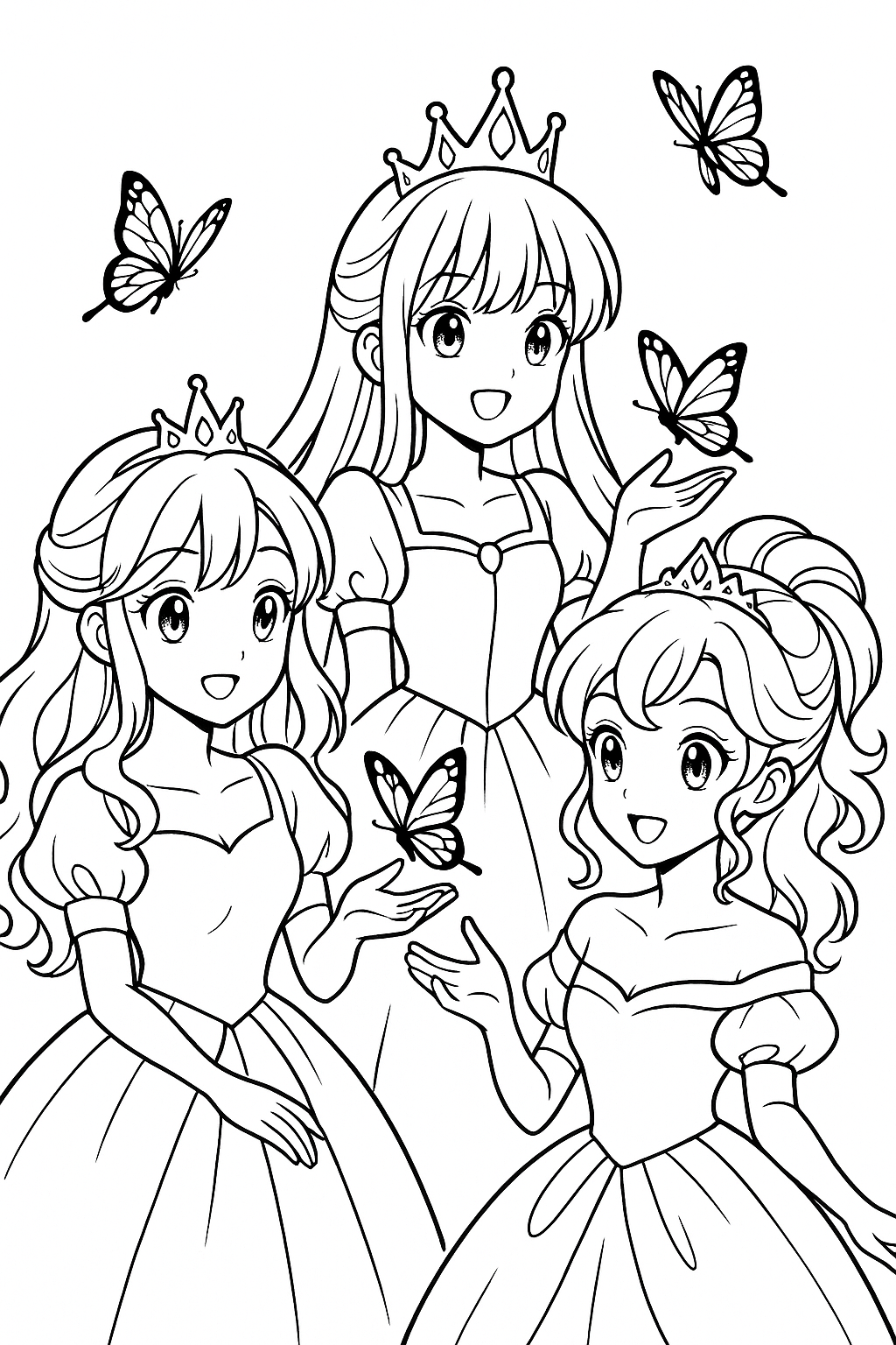 Coloriage de trois princesses manga jouant avec des papillons, avec des fleurs au premier plan à imprimer gratuitement