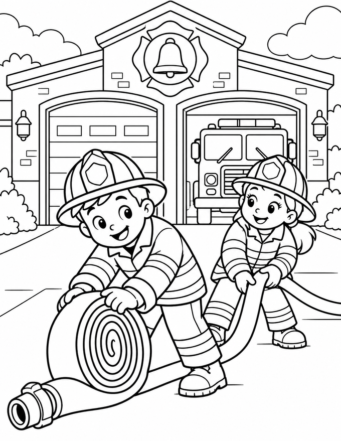 Ausmalbild zum Ausdrucken: Junge Feuerwehrleute rollen Schlauch aus, schwarz-weiße PNG-Vorlage