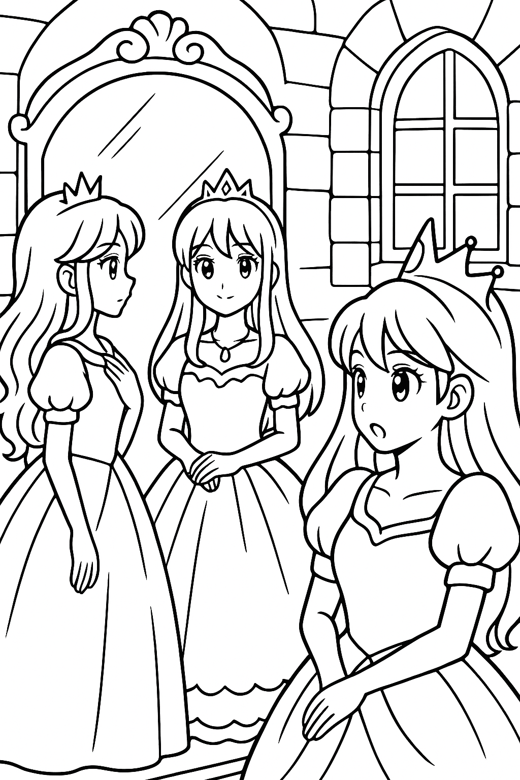 Coloriage de princesses manga devant un grand miroir dans une pièce de château avec des murs en pierre et une fenêtre voûtée à imprimer gratuitement