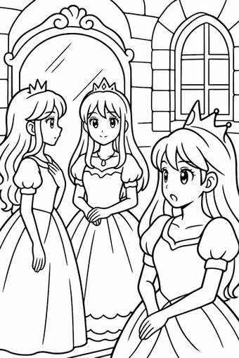 Coloriage de princesses manga devant un grand miroir dans une pièce de château avec des murs en pierre et une fenêtre voûtée