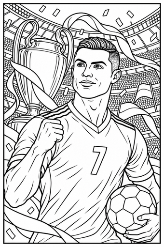 Ausmalbild zum Ausdrucken: Siegerporträt von Cristiano Ronaldo, schwarz-weiße PNG-Vorlage