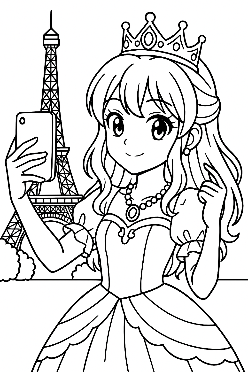 Coloriage d’une princesse manga avec une tresse, une couronne et un téléphone devant la tour Eiffel à imprimer gratuitement