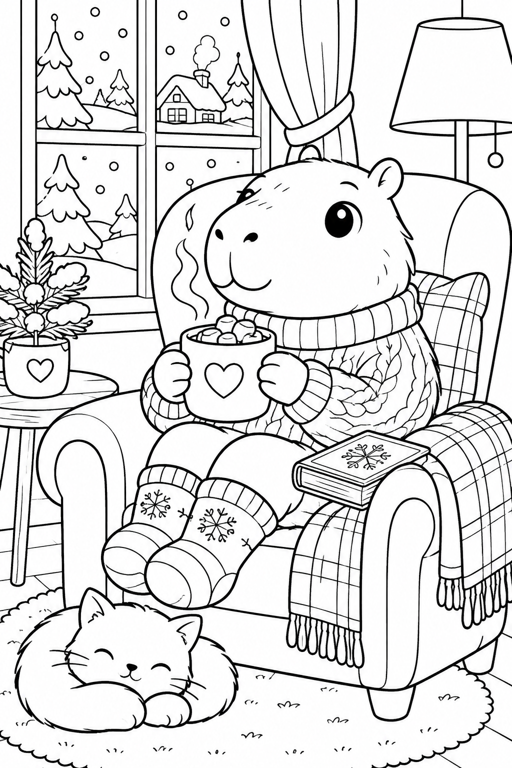 Coloriage d’un capybara dans un fauteuil avec une tasse, un chat et une fenêtre enneigée à imprimer gratuitement