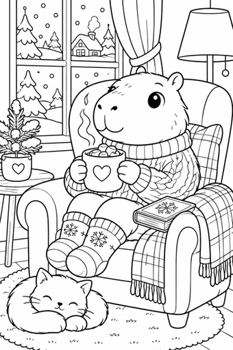 A capybara sits in an armchair with a warm drink, a cat, and a snowy window.