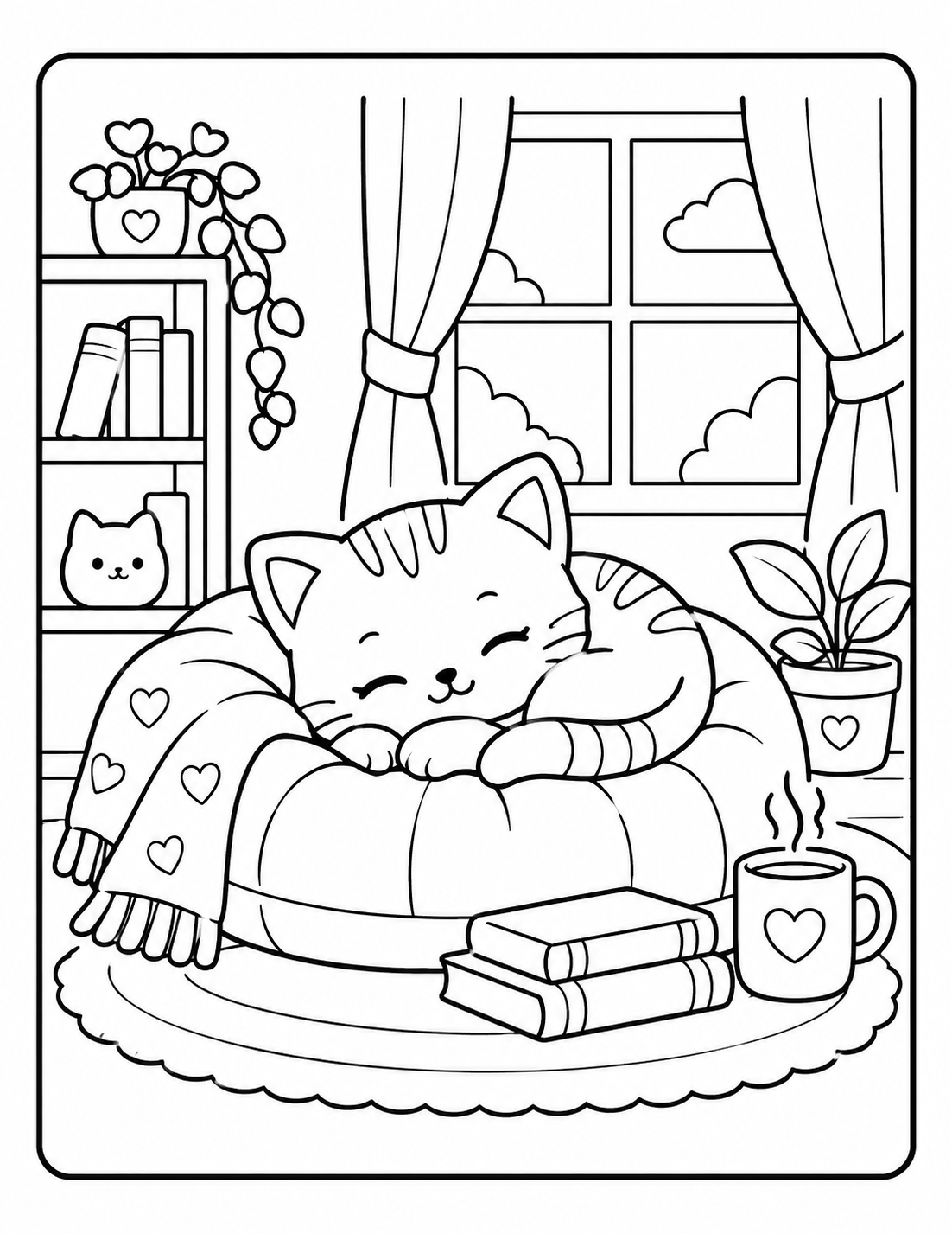 Coloriage d’un chaton endormi sur un coussin dans un coin lecture avec des livres et une tasse à imprimer gratuitement
