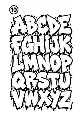 A full graffiti alphabet filled with thick letter shapes and dynamic paint splashes.