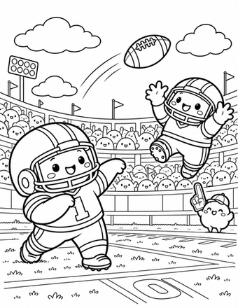 A squishy quarterback makes a big pass to a jumping teammate as the stadium cheers. Print this adorable football scene and color the players, crowd, and football.