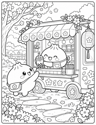 Two little squishy friends visit a flower-covered boba food truck in a sunny park.