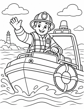 A firefighter rides in a rescue boat among waves with a life ring and lighthouse nearby.