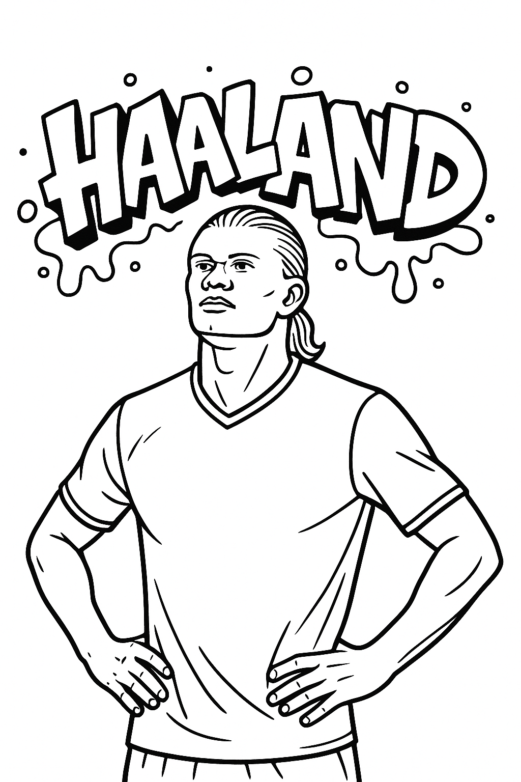 Coloriage d’Erling Haaland debout, les mains sur les hanches, sous le graffiti HAALAND à imprimer gratuitement