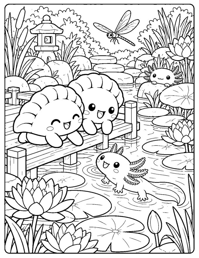 Deux squishy dumplings rencontrent un axolotl souriant dans un bassin fleuri