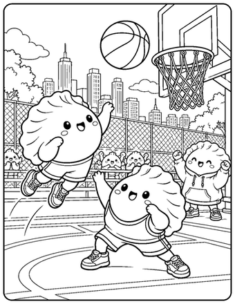 Dumpling friends play basketball on a court as spectators cheer from the sidelines.
