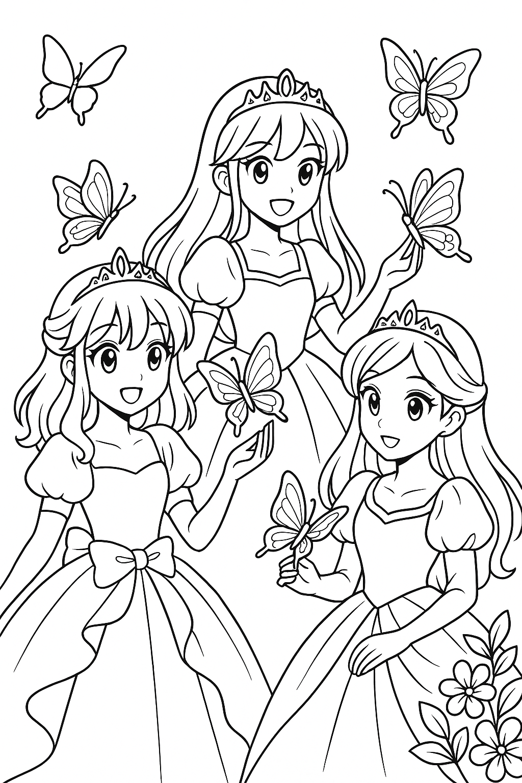 Coloriage de trois princesses manga entourées de papillons posés sur leurs mains et volant autour de leurs couronnes à imprimer gratuitement
