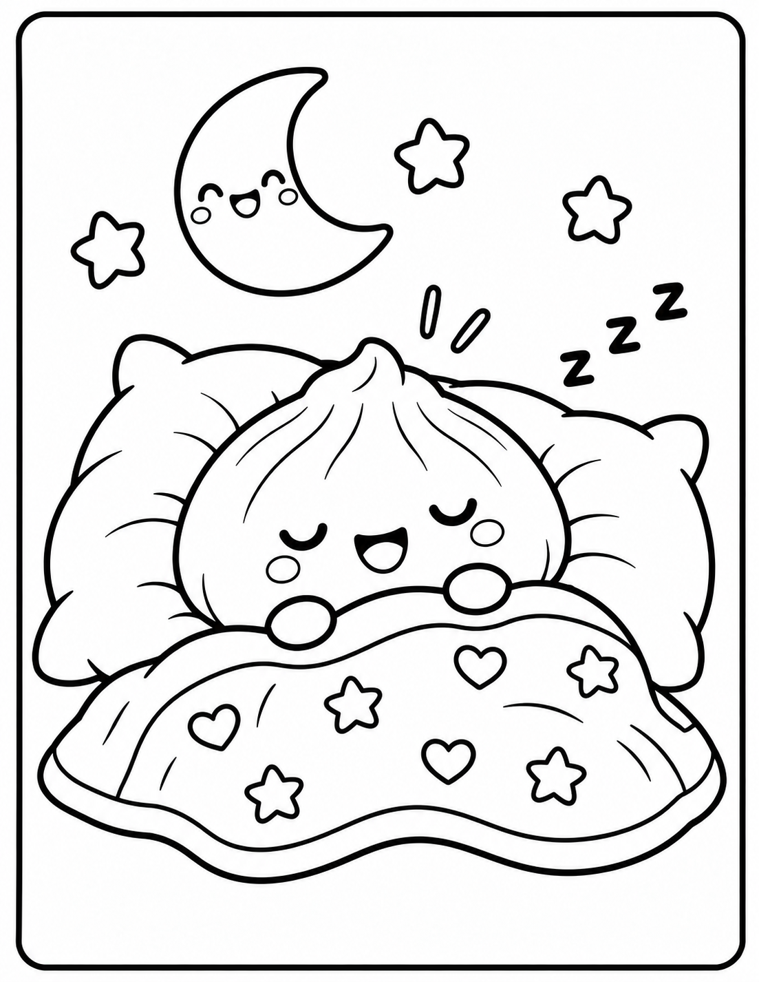 Coloriage d’un squishy dumpling kawaii endormi sous une couverture à imprimer gratuitement