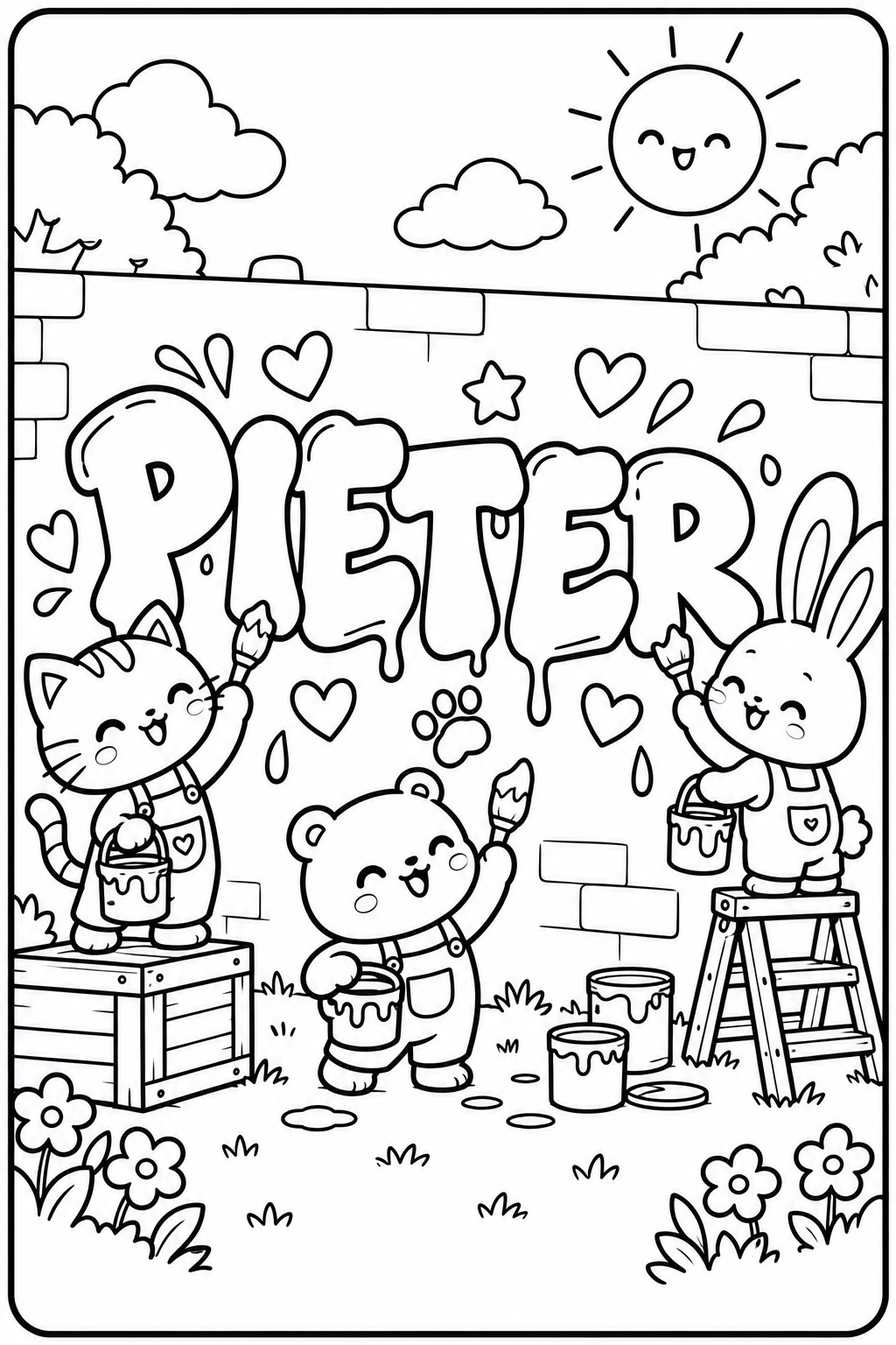 Coloriage de trois animaux kawaii avec des pinceaux et des pots de peinture devant les lettres PIETER à imprimer gratuitement