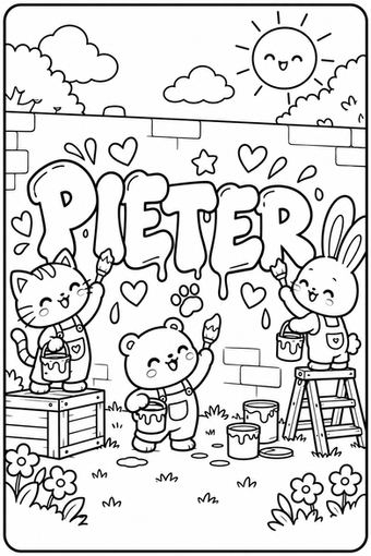 Coloriage de trois animaux kawaii avec des pinceaux et des pots de peinture devant les lettres PIETER