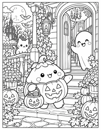 Happy squishy character in pumpkin Halloween costume with candy bucket, friendly ghost and cat on haunted house porch coloring page