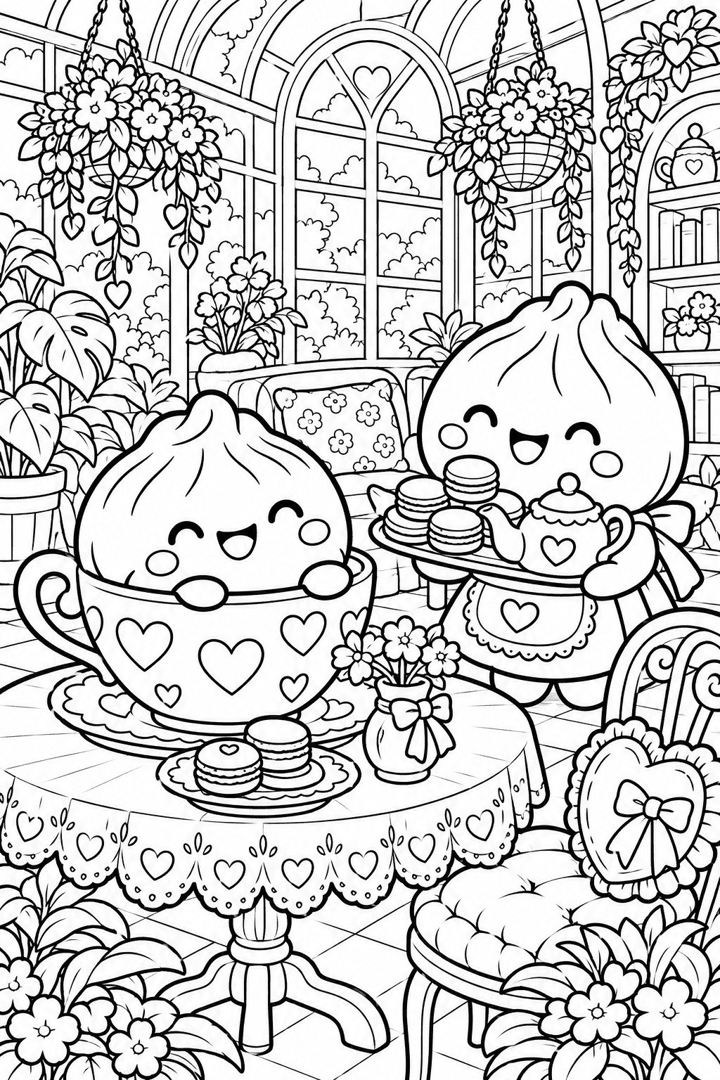 Un dumpling se acomoda en una gran taza de corazones mientras un amigo trae la merienda