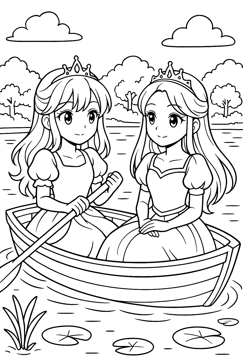 Coloriage de deux princesses manga dans une barque sur un lac avec une rame, des nénuphars et des arbres à imprimer gratuitement