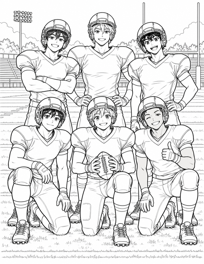 Ausmalbild zum Ausdrucken: Teamfoto einer American-Football-Mannschaft, schwarz-weiße PNG-Vorlage