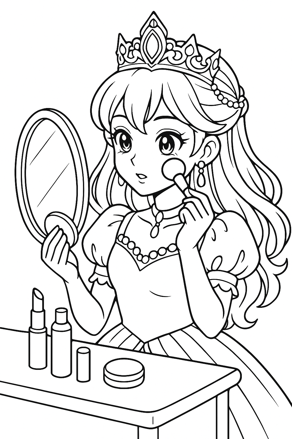 Coloriage d’une princesse manga se maquillant avec un pinceau devant un miroir à main, avec des produits de maquillage sur une table à imprimer gratuitement