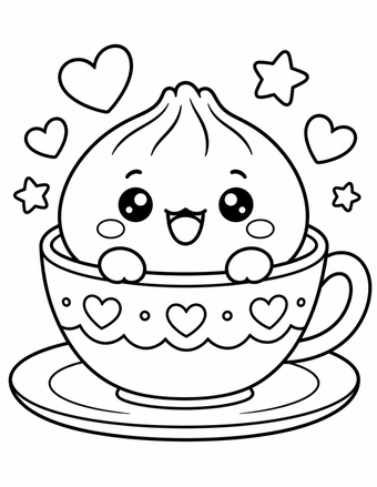 Kawaii-squishy-dumpling in een theekop met hartjes en sterren.
