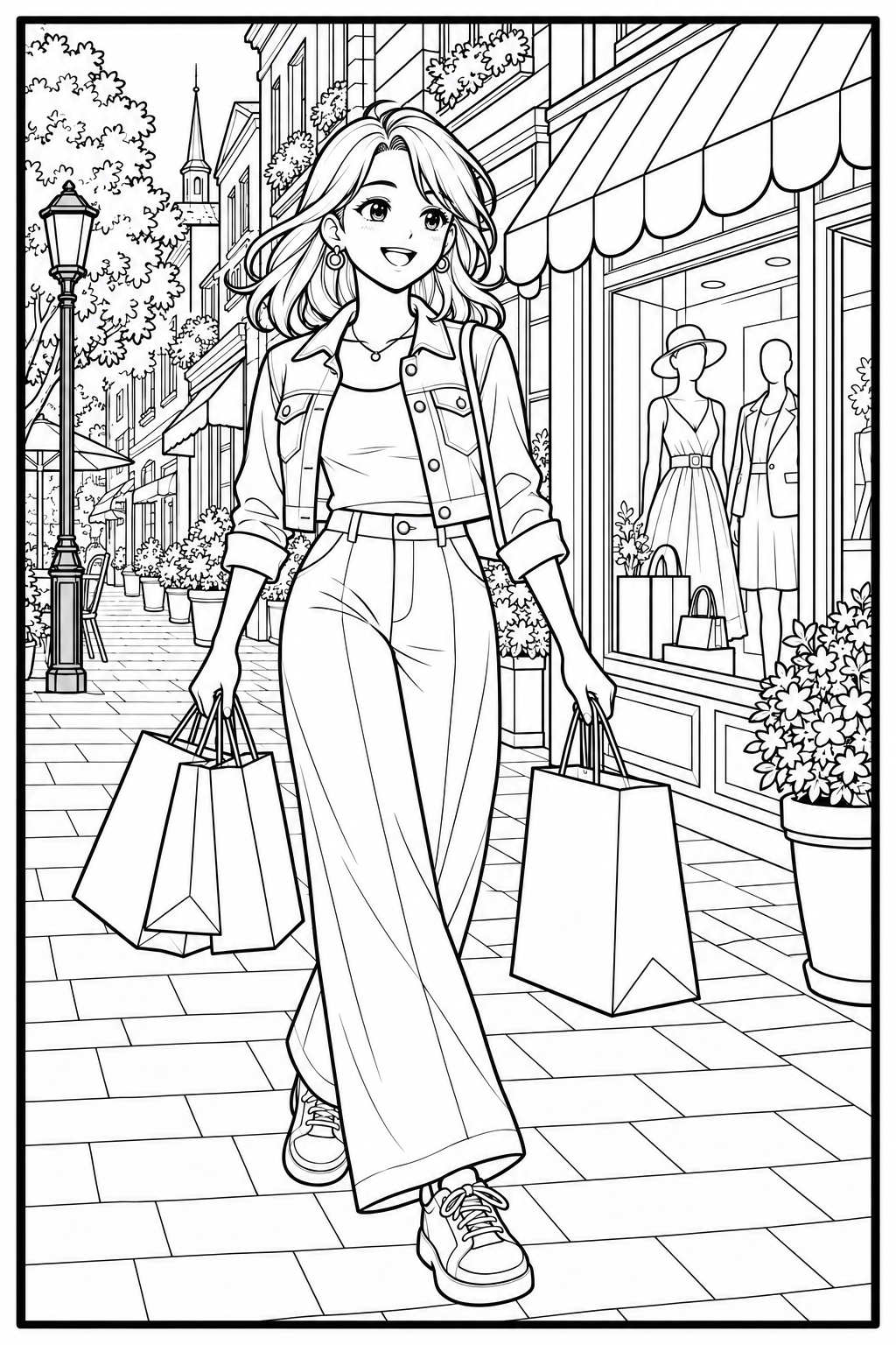 Una joven lleva bolsas de compras por una calle de boutiques.
