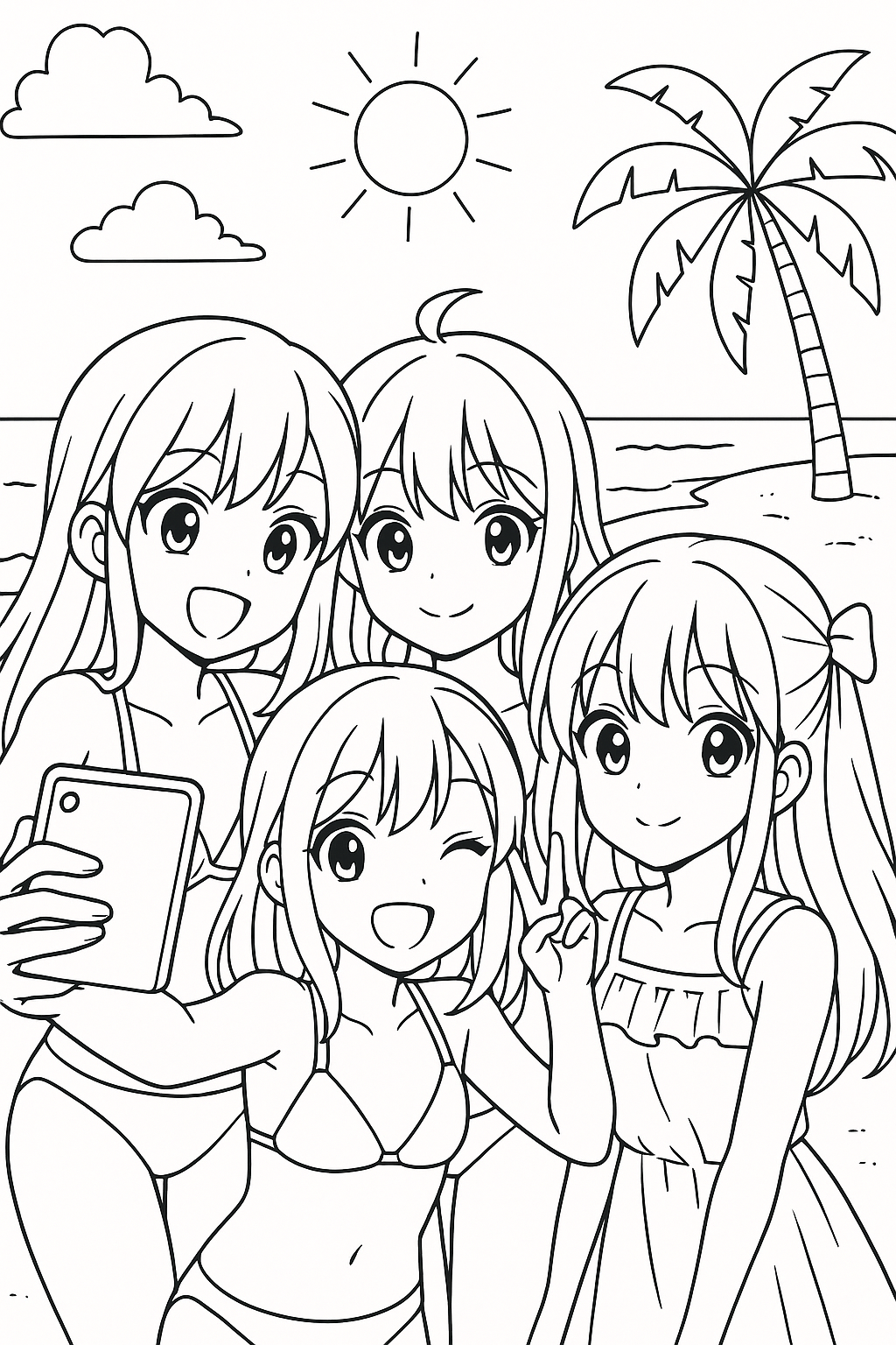 Coloriage de quatre amies manga prenant un selfie sur une plage avec la mer, un palmier et le soleil à imprimer gratuitement