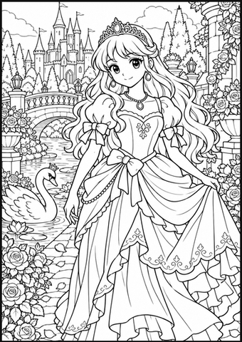 A royal manga princess poses before a magical fairy-tale castle.