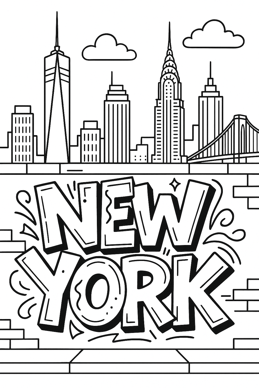 Coloriage du graffiti NEW YORK sur un mur de briques devant des gratte-ciel et un pont à imprimer gratuitement