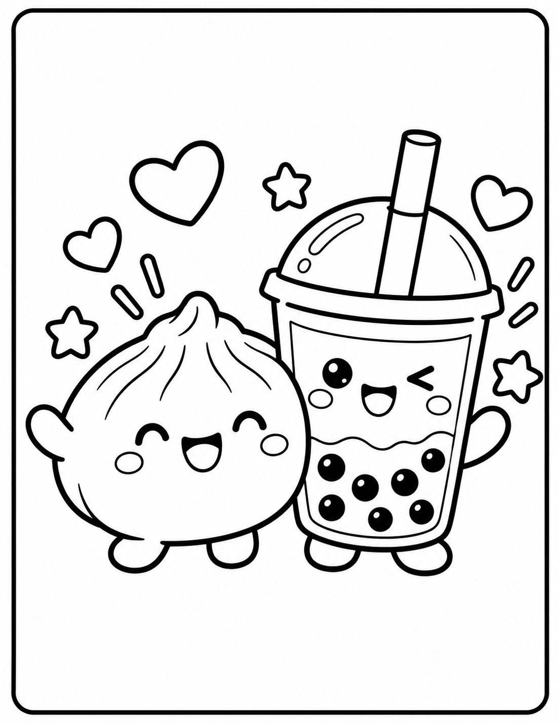 Coloriage Squishy Dumpling et bubble tea kawaii à imprimer gratuitement