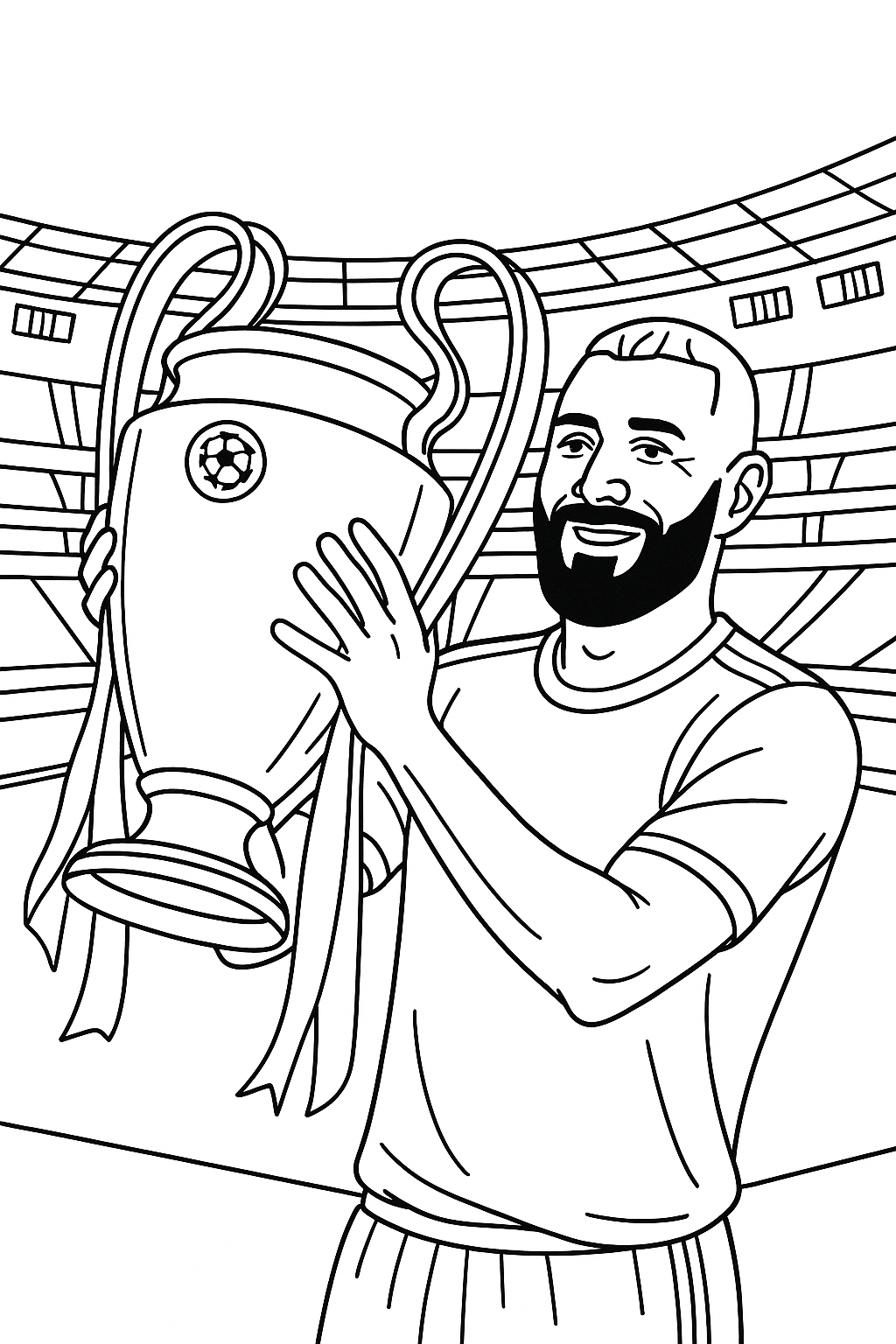 Coloriage de Karim Benzema tenant la coupe de la Ligue des champions devant les tribunes d’un stade à imprimer gratuitement