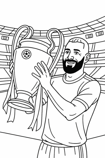 Coloriage de Karim Benzema tenant la coupe de la Ligue des champions devant les tribunes d’un stade