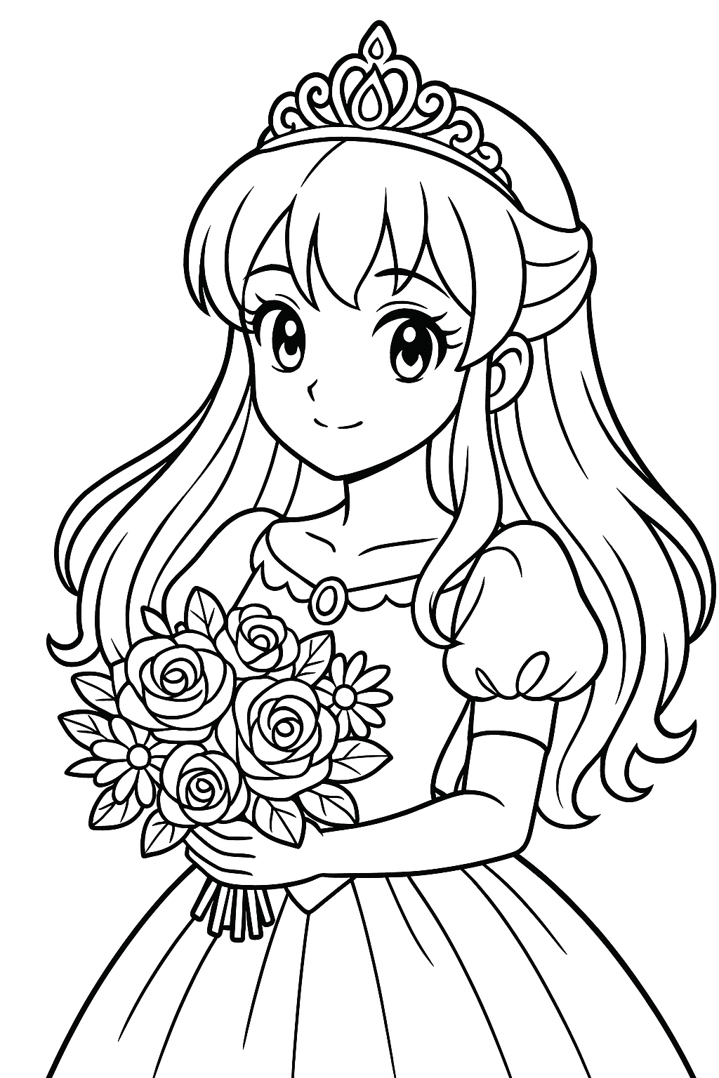 Coloriage d’une princesse manga couronnée tenant un bouquet de roses et de petites fleurs dans les mains à imprimer gratuitement