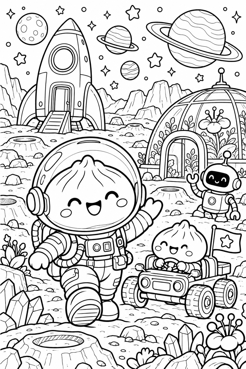 Un dumpling astronauta explora un paisaje lunar con un amigo en un vehículo espacial
