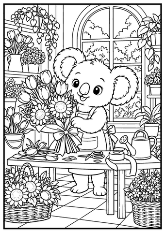 A florist koala arranges bouquets among potted plants and blossoms in a little flower store.