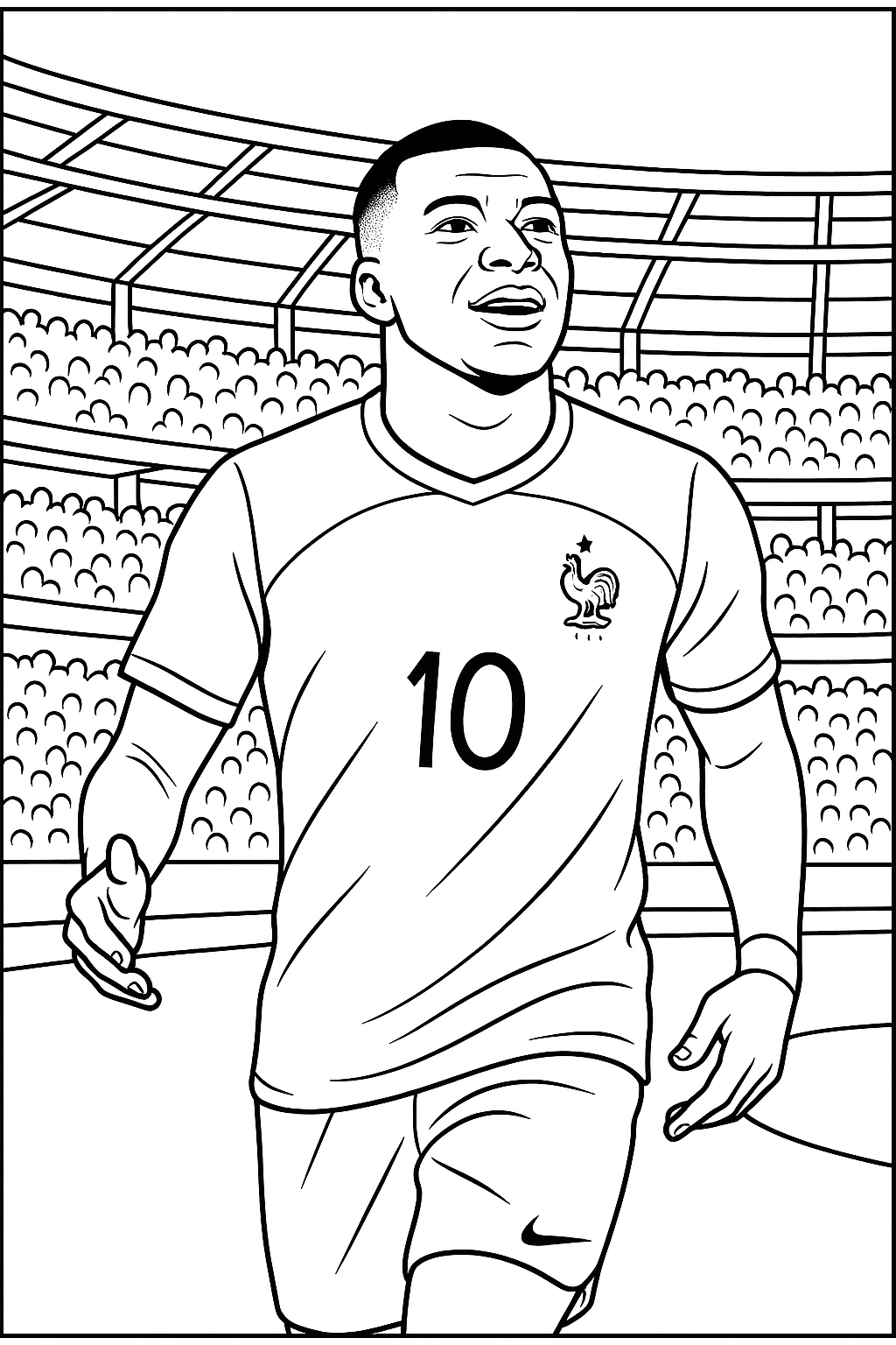 Coloriage de Kylian Mbappé en maillot de l’équipe de France, numéro 10, sur le terrain d’un stade à imprimer gratuitement