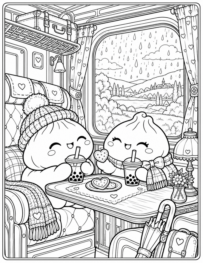 Ausmalbild zum Ausdrucken: Squishy-Freunde mit Bubble Tea im Zug, schwarz-weiße PNG-Vorlage