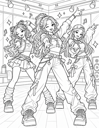 Three original K-pop performers practice synchronized choreography in a dance studio.