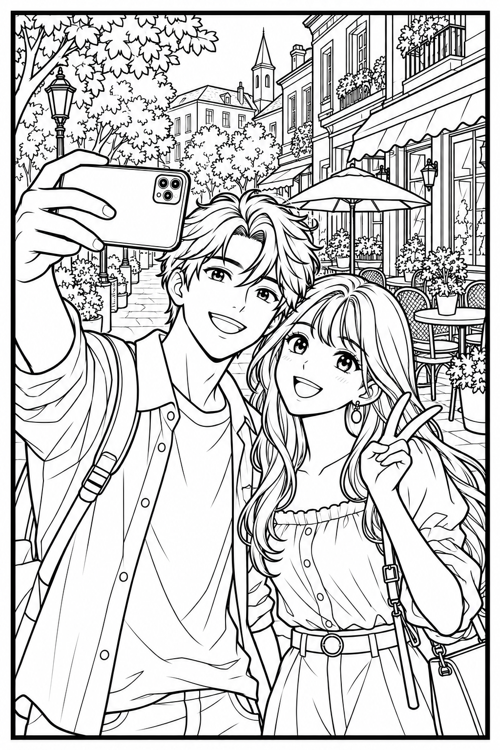 Un chico y una chica se hacen un selfie en una calle con cafeterías.