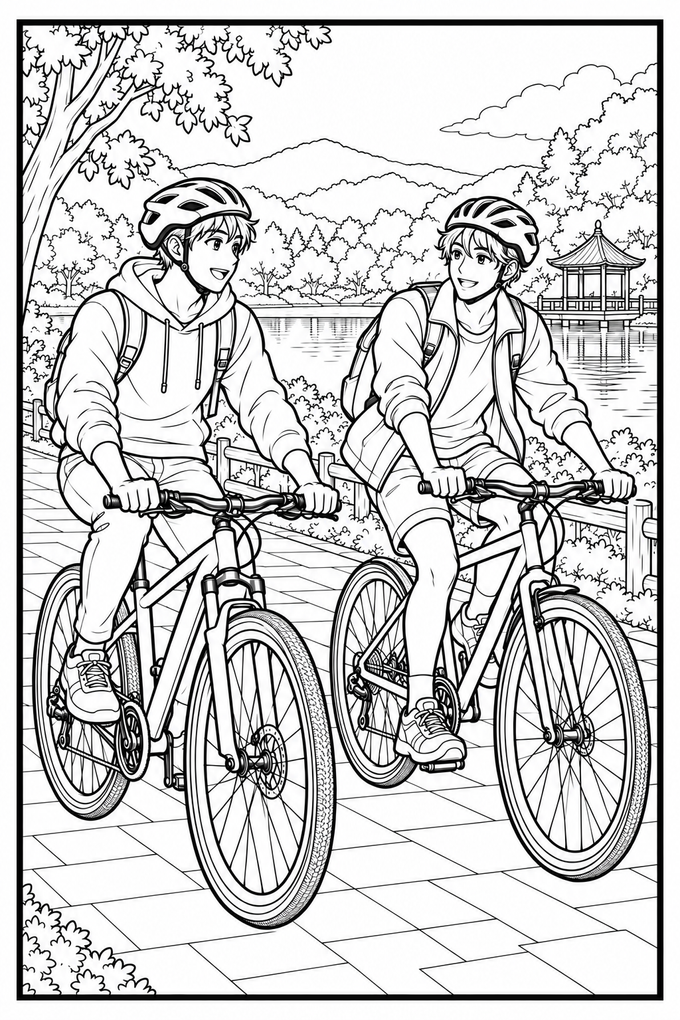 Deux garçons font du vélo sur une allée de parc, près d’un lac et d’un pavillon. Les vélos et les personnages restent entièrement visibles.