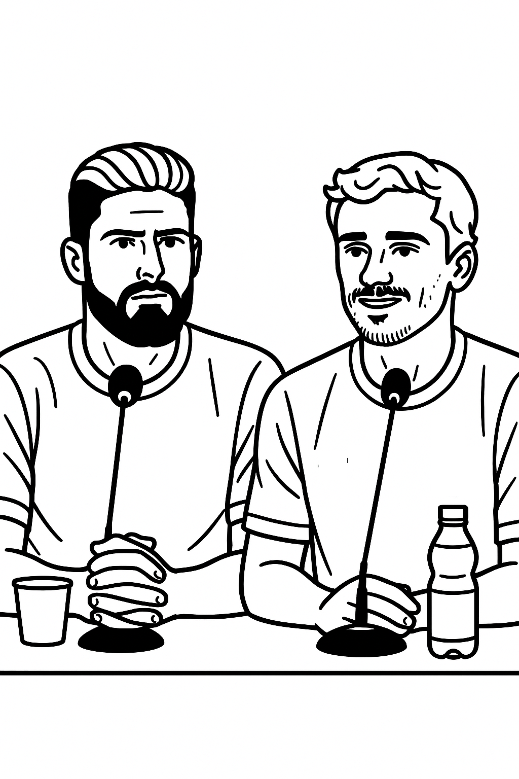 Coloriage d’Olivier Giroud et Antoine Griezmann en conférence de presse avec deux micros et des bouteilles sur la table à imprimer gratuitement